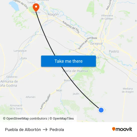 Puebla de Albortón to Pedrola map