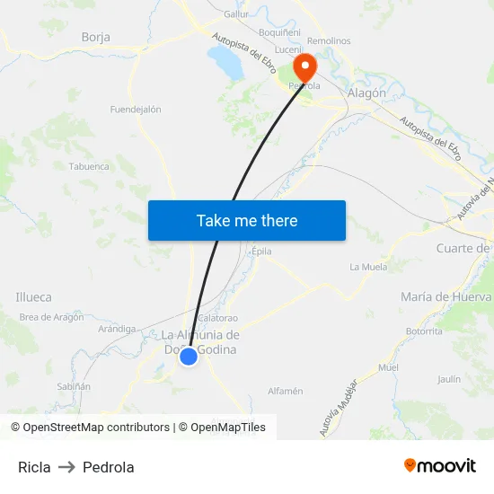 Ricla to Pedrola map
