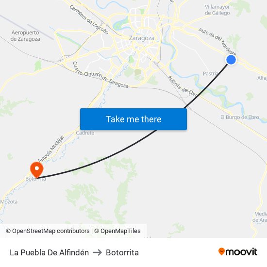 La Puebla De Alfindén to Botorrita map