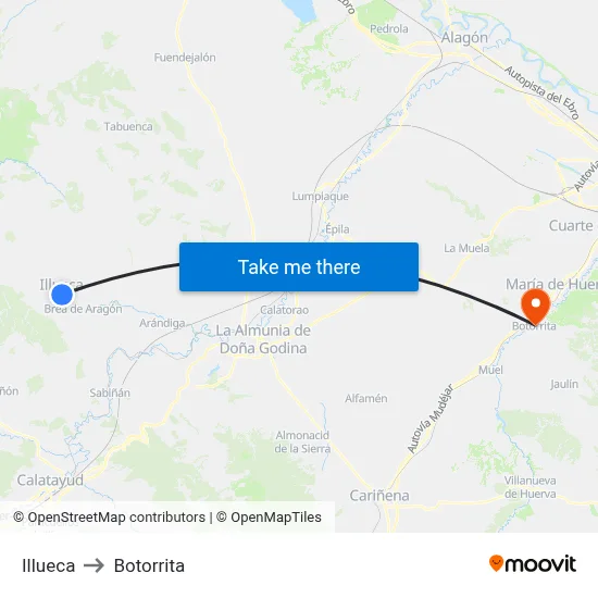 Illueca to Botorrita map