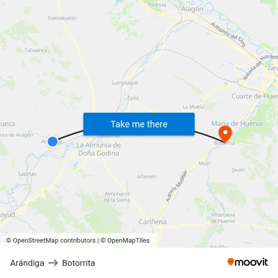 Arándiga to Botorrita map