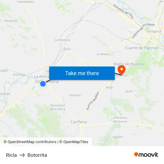 Ricla to Botorrita map