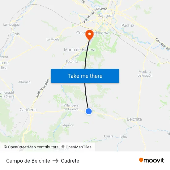 Campo de Belchite to Cadrete map