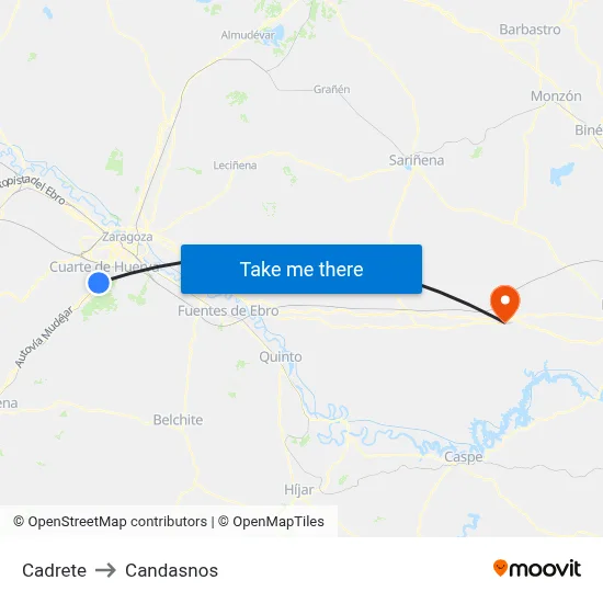 Cadrete to Candasnos map