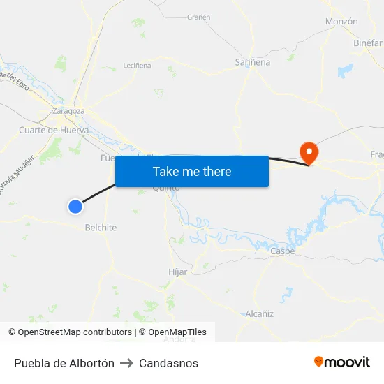 Puebla de Albortón to Candasnos map