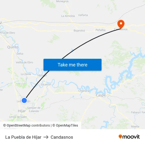 La Puebla de Híjar to Candasnos map