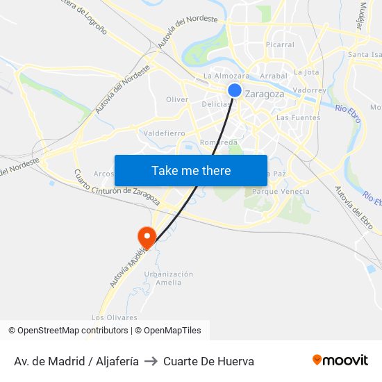 Av. de Madrid / Aljafería to Cuarte De Huerva map