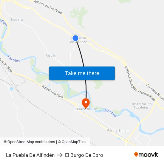 La Puebla De Alfindén to El Burgo De Ebro map