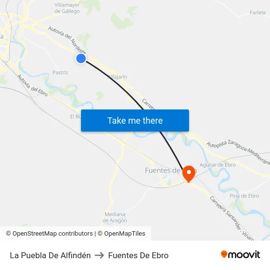La Puebla De Alfindén to Fuentes De Ebro map