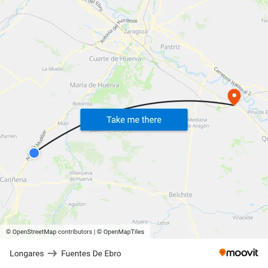 Longares to Fuentes De Ebro map