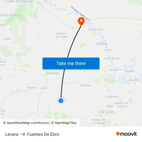 Lécera to Fuentes De Ebro map