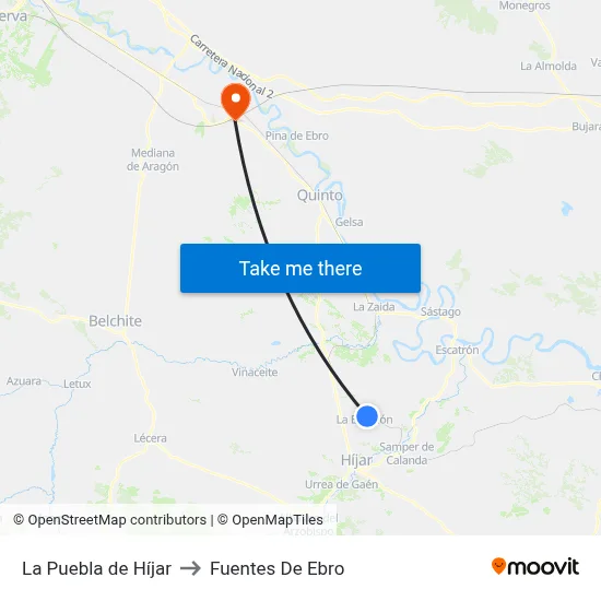 La Puebla de Híjar to Fuentes De Ebro map