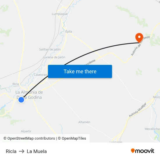 Ricla to La Muela map