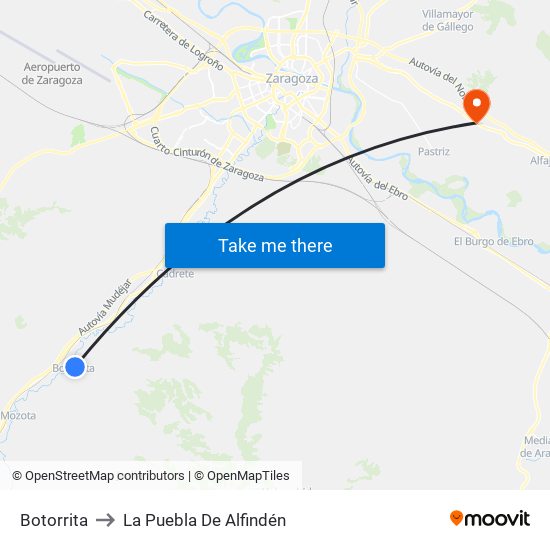 Botorrita to La Puebla De Alfindén map