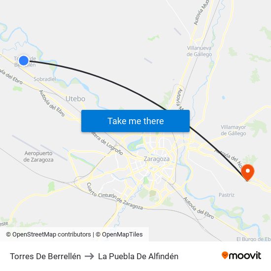 Torres De Berrellén to La Puebla De Alfindén map