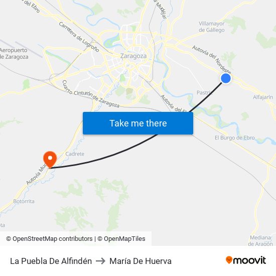 La Puebla De Alfindén to María De Huerva map