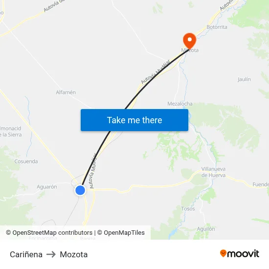 Cariñena to Mozota map