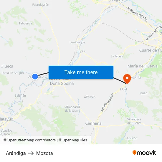 Arándiga to Mozota map