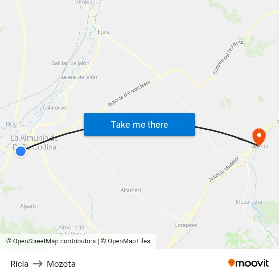 Ricla to Mozota map