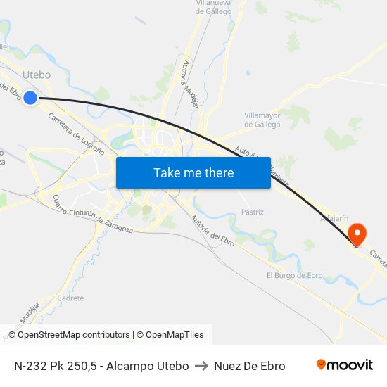 N-232 Pk 250,5 - Alcampo Utebo to Nuez De Ebro map
