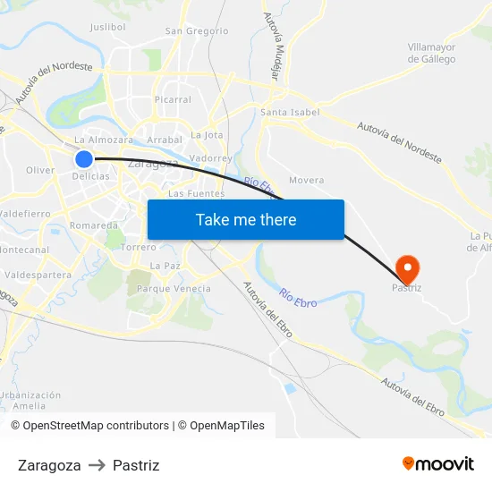 Zaragoza to Pastriz map