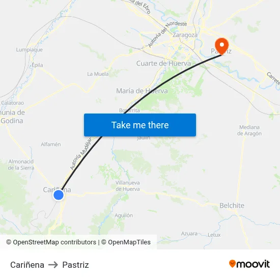 Cariñena to Pastriz map