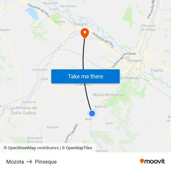 Mozota to Pinseque map