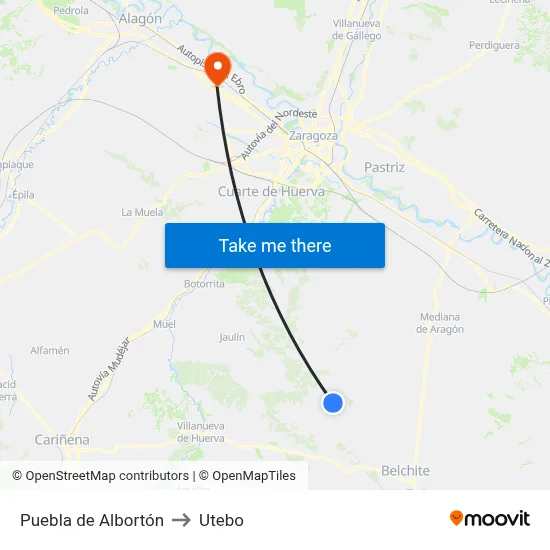 Puebla de Albortón to Utebo map