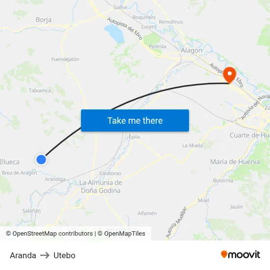 Aranda to Utebo map