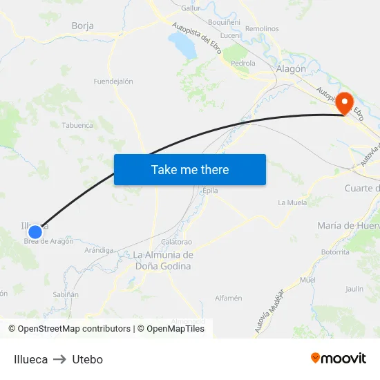 Illueca to Utebo map