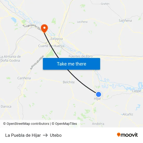 La Puebla de Híjar to Utebo map