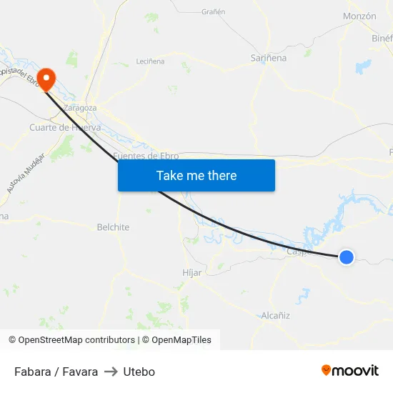 Fabara / Favara to Utebo map
