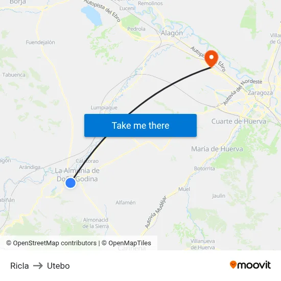 Ricla to Utebo map