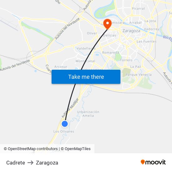 Cadrete to Zaragoza map