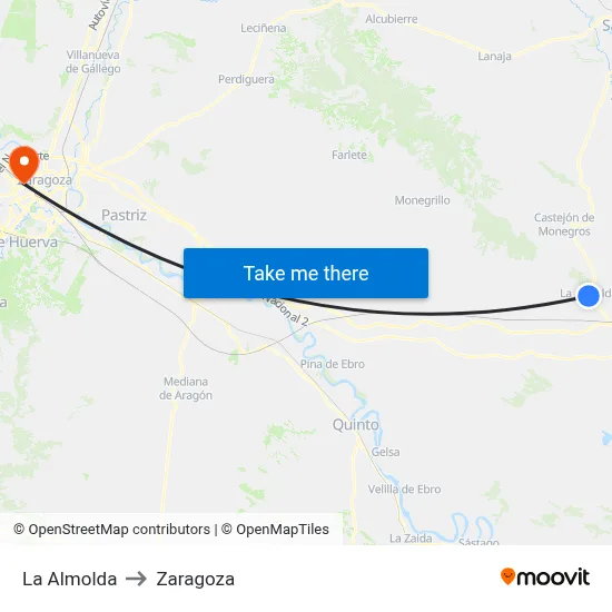 La Almolda to Zaragoza map