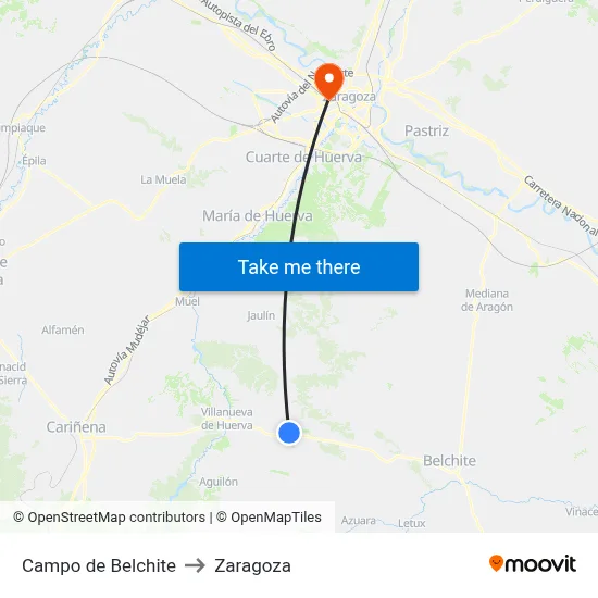 Campo de Belchite to Zaragoza map