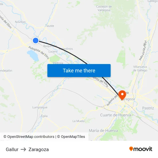 Gallur to Zaragoza map