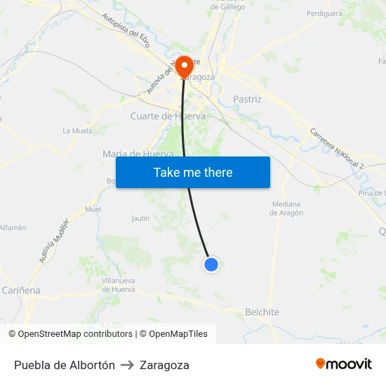 Puebla de Albortón to Zaragoza map