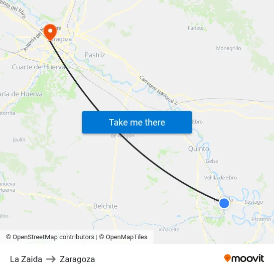 La Zaida to Zaragoza map