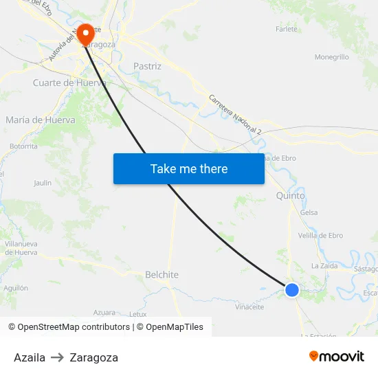Azaila to Zaragoza map