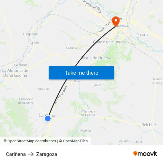 Cariñena to Zaragoza map