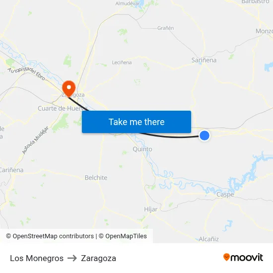 Los Monegros to Zaragoza map
