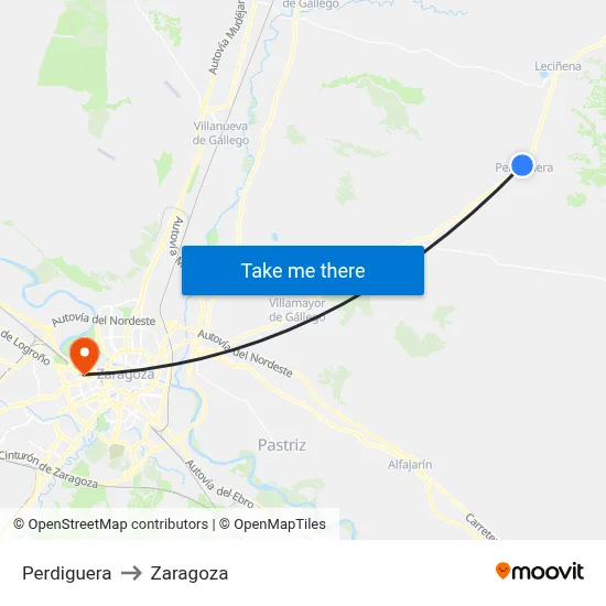 Perdiguera to Zaragoza map