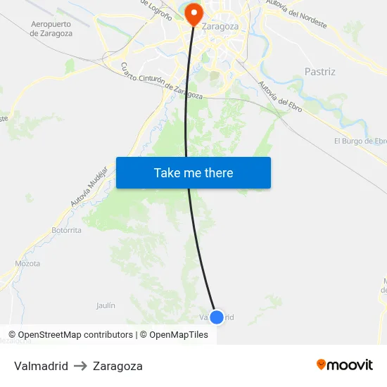 Valmadrid to Zaragoza map