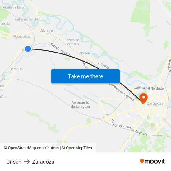 Grisén to Zaragoza map