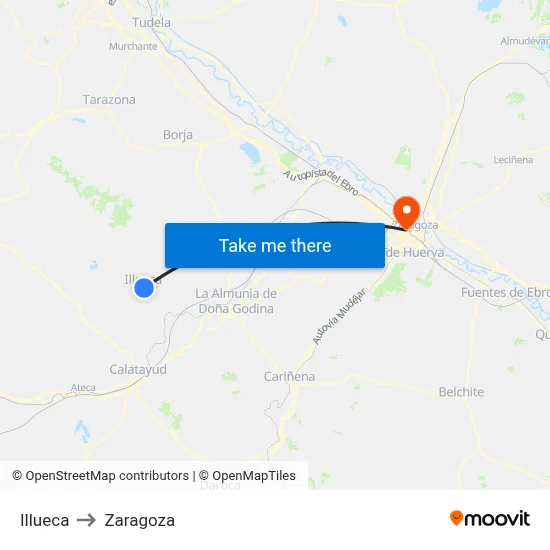 Illueca to Zaragoza map