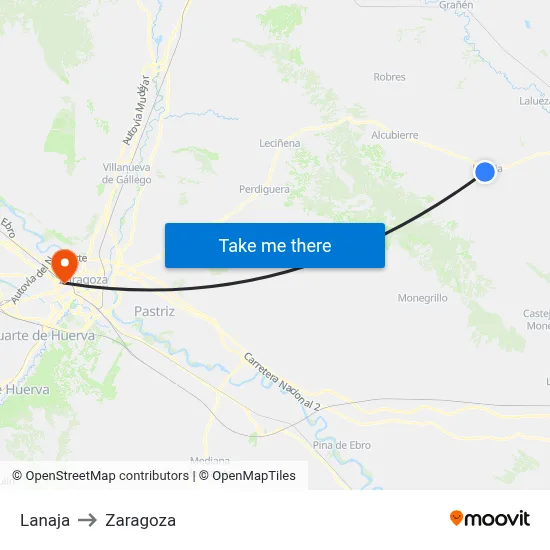 Lanaja to Zaragoza map