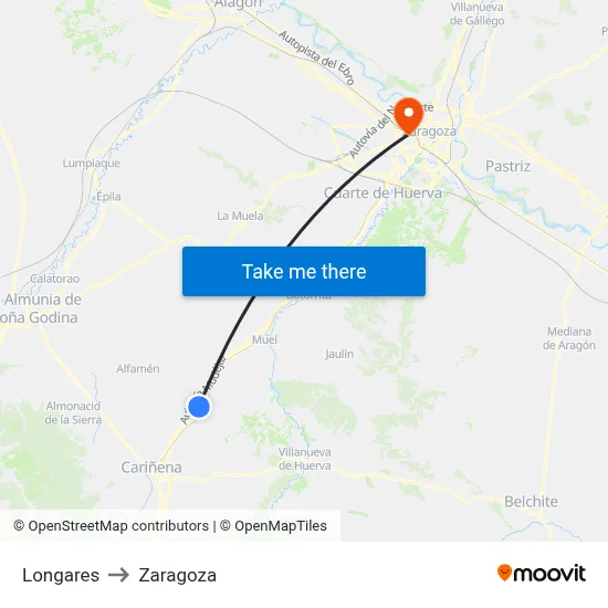 Longares to Zaragoza map