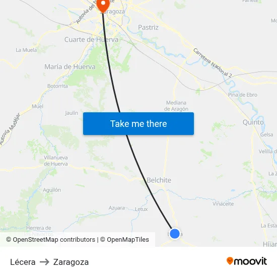 Lécera to Zaragoza map