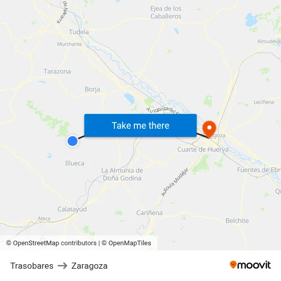 Trasobares to Zaragoza map